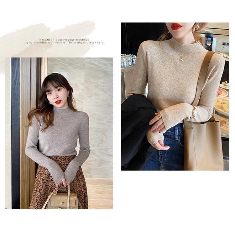 Product Introduction of High-End Western Style Inner Wear Bottoming Shirt for Women 2024 Spring and Autumn New Style Wooden Ear Mock Neck Sweater Knitwear Top 4