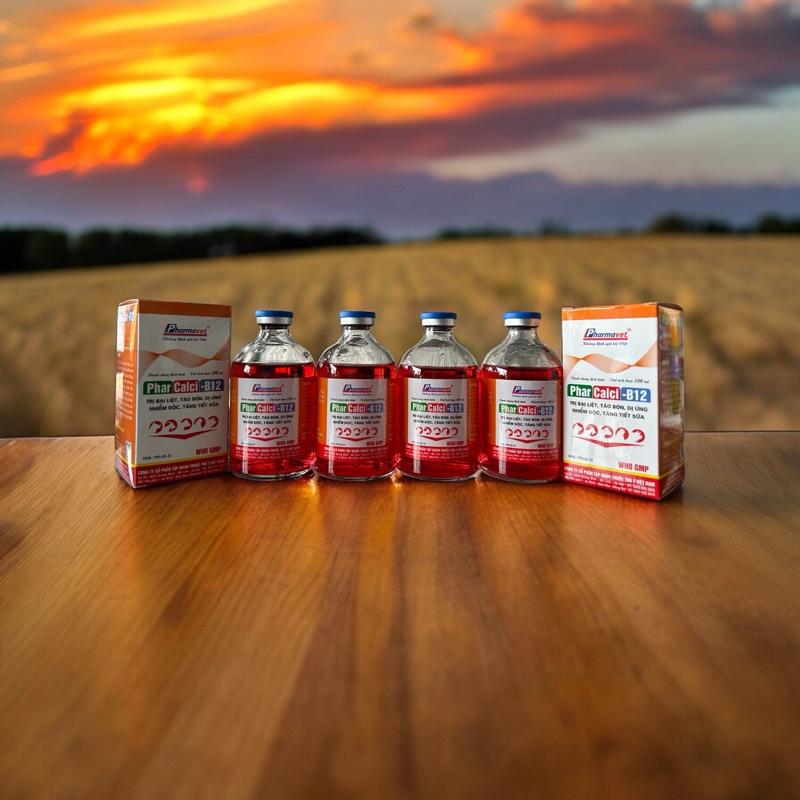 PHARCALCI B12 - Cung cấp Calci và B12 cho vật nuôi, đặc trị bại liệt, yếu chân và co giật trên vật nuôi. Dạng dung dịch 7