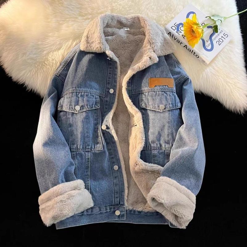 Áo Khoác Denim Len Cừu, Dành Cho Cặp Đôi, Hàng Mới Về Mùa Đông 2023, Lót Lông Cừu, Dày Dặn Và Rộng Rãi, Phong Cách Cổ Điển Dễ Phối Đồ, Áo Khoác Độn Bông, Thích Hợp Cho Phong 1