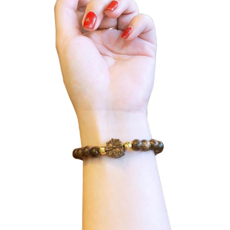 Vòng Tay Trầm Hương Mix Hoa Sen Trầm Tốc hết hợp với Bi mầu vàng (vòng đơn) Phụ Kiện Đeo Tay Nam nữ vòng  tay Voi Voan
