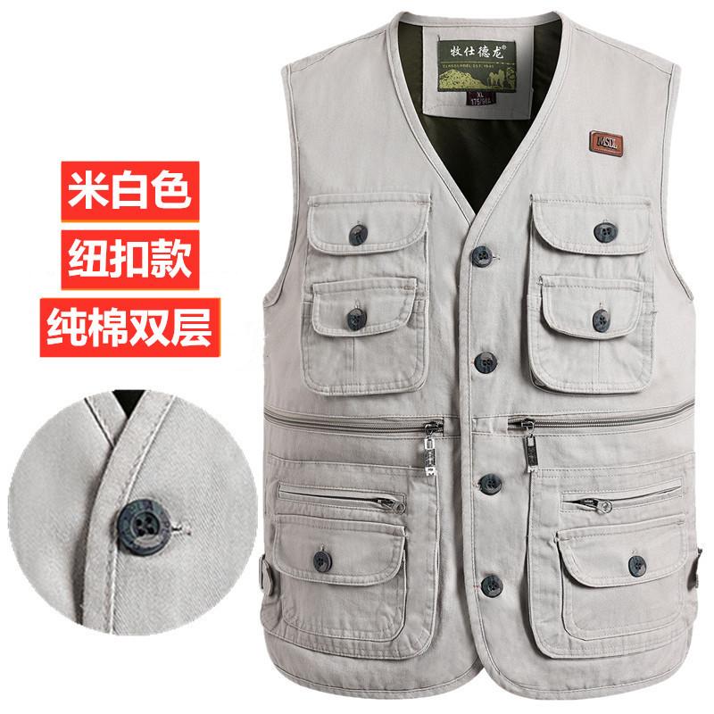 Product Introduction of Spring and Autumn Pure Cotton Men's Vest Middle-Aged and Elderly Hurdle Vest Jacket Men's Dad Button with Buttons Multi-Pocket Vest Menswear Tops Lingerie Gilet Waistcoat Beige Plain Human Tropical 22