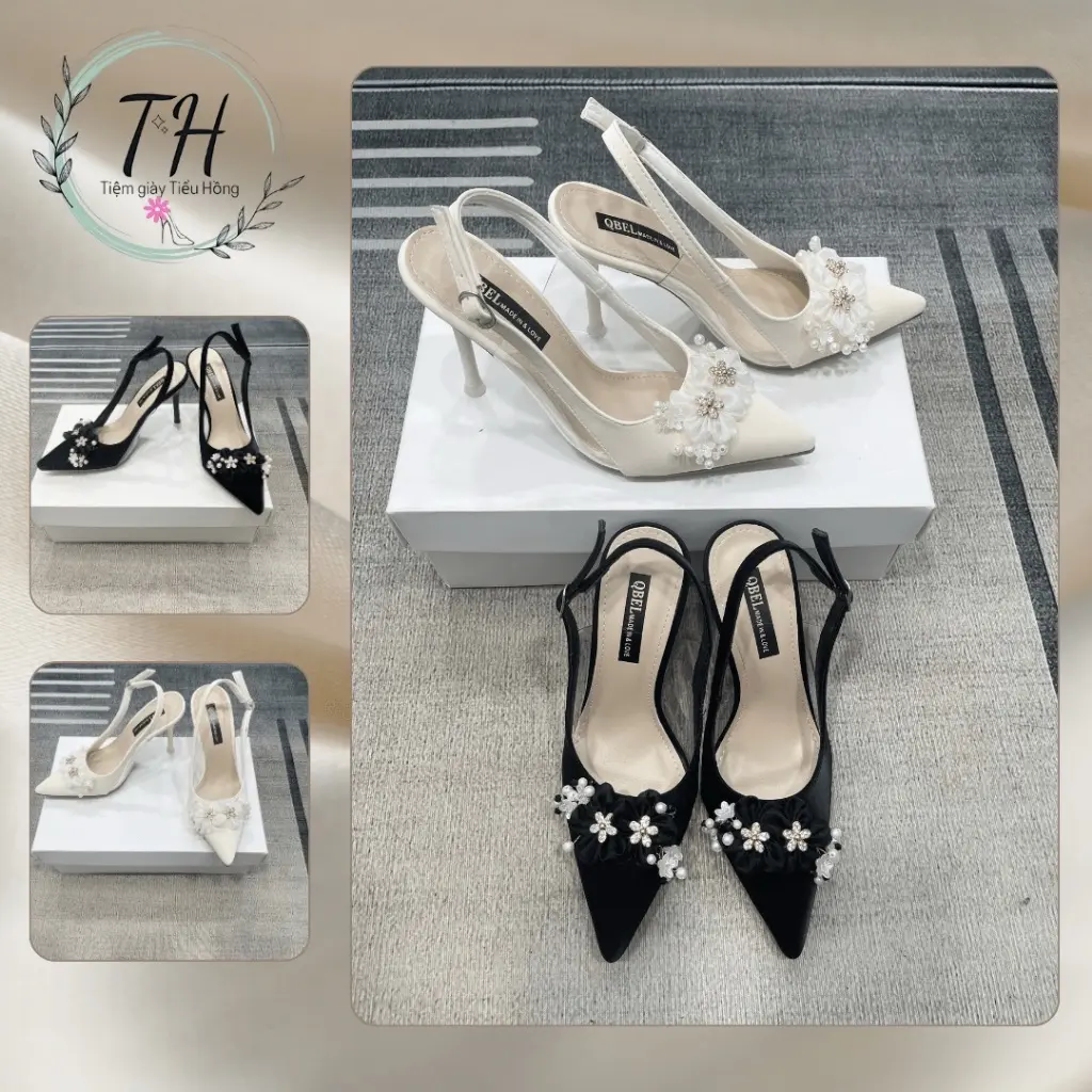￼Giày cao gót nữ mũi nhọn chất tuyết nhung mềm cao cấp phối mêka, hở gót, nơ cô dâu sang chảnh,gót: 5cm,7cm, TH18