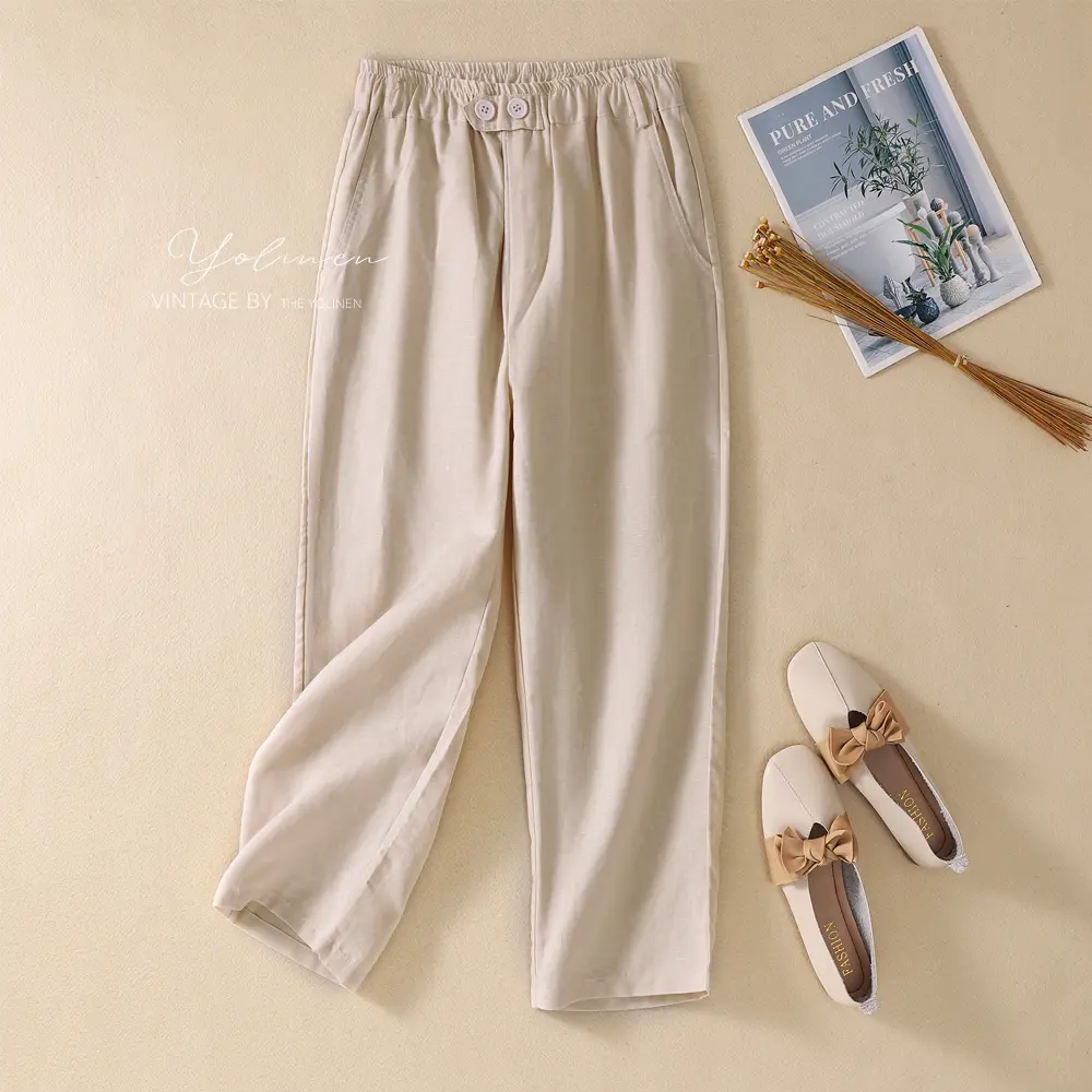 Quần dài baggy nữ linen cao cấp nhiều màu cạp thun 2 nút, đủ túi chéo và túi hậu YOLINEN QD001