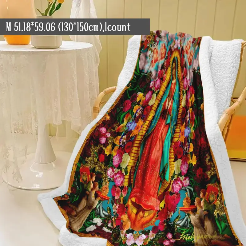Floral & Virgin Mary Pattern Blanket, 1 Count Soft Warm Throw Blanket, Air-conditioned Room Blanket, Warm Nap Blanket for Home & Office 6