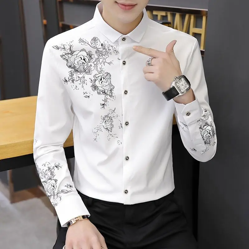 Men's New Printed Long-Sleeved High-End Shirt White Shirt Business Trendy Slim-Fit Shirt Handsome Men's Shirt