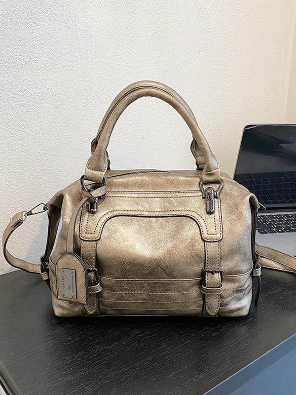 Women's Solid Color Oil Wax Boston Bag, Fashionable PU Leather Crossbody Bag for Daily Used, Casual Trendy Versatile High-quality Daily Commuting Bag 3
