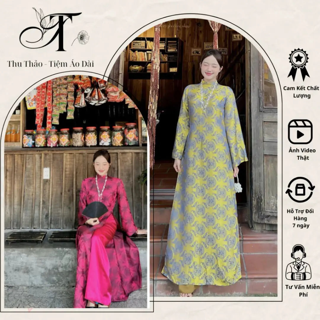 (Mẫu Mới) Set Áo Dài Gấm Dáng Xuông Xưa Form Dài Tay Xoè Dài Phối Quần Lụa Cao Cấp (GẤM THỌ DƠI 2P)