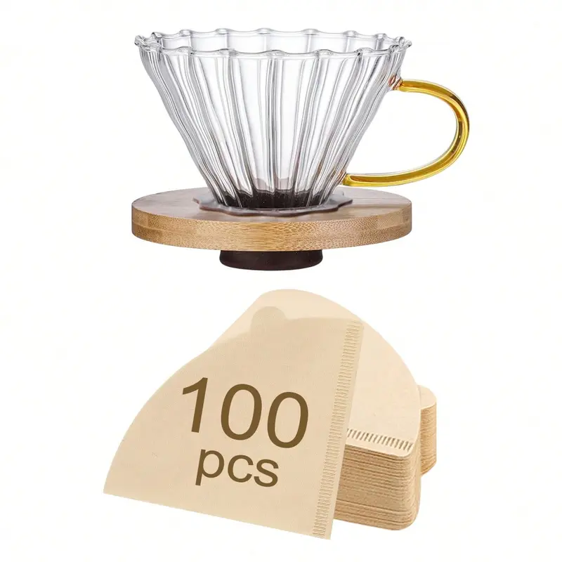 #KUP 1pc Glass Coffee Dripper/Filter, Cone Pour Over Coffee Dripper With Bamboo Stand & Handle, Coffee Pot Funnel Coffee Filter, Portable Reusable Drip Coffee Maker Funnel Accessories For Home, Office, Cafes And Restaurants moka 8