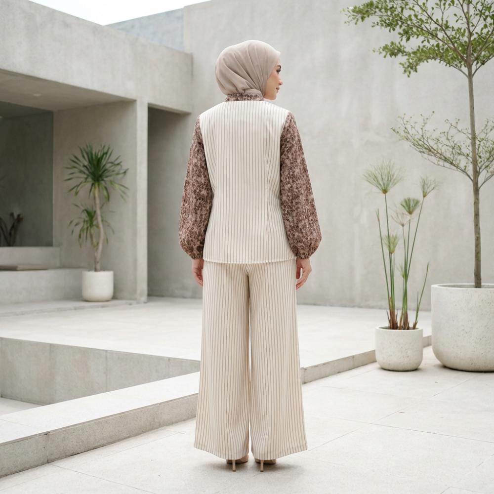 Asaya Setelan serbaguna wanita dengan pola bunga, atasan elegan dengan kemeja bercorak dipadukan dengan celana panjang bergaris