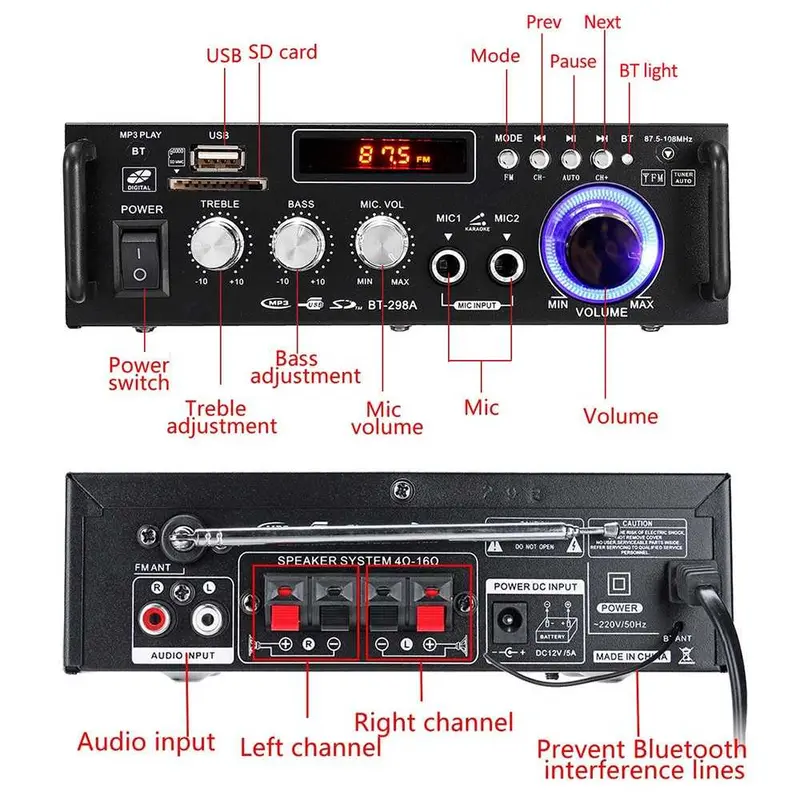 Amplifier Bluetooth EQ Audio Karaoke Home Theater FM Radio 300W + 300W - Taffware AV-298BT Bass Equalizer 4