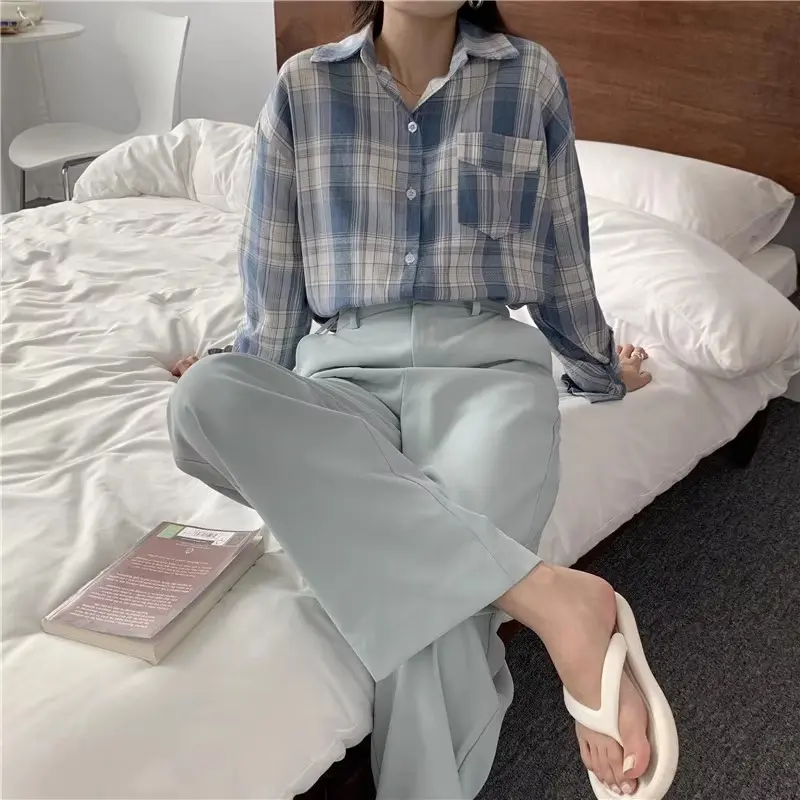 Kemeja Kotak-kotak Biru / Kemeja Wanita Lengan Panjang korean style Atasan Linen Casual Oversize 3