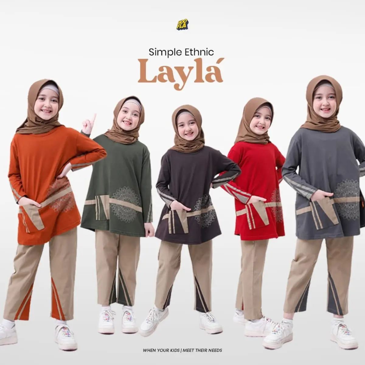 Setelan Anak Perempuan Layla & Qais Simple Ethnic Hooflakids Brown Celana Grey Maroon Motif Muslim Sablon Variasi Panjang Wanita Gamis Syari Lebaran - Remaja, Katun