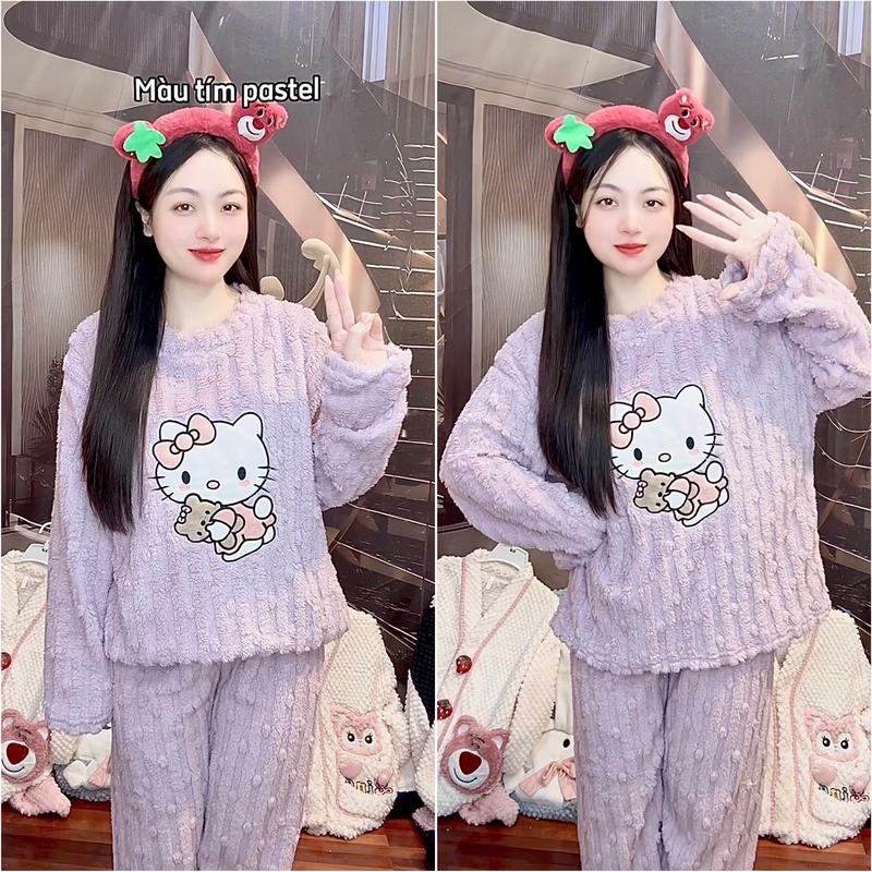 (DEAL TRỢ GIÁ) Bộ ngủ lông hello kitty LUNA 2024, lông nỉ bông Jacquard hoạ tiết mới cao cấp siêu xinh, hình thêu cho nữ, mùa đông siêu ấm, bộ ủ kem