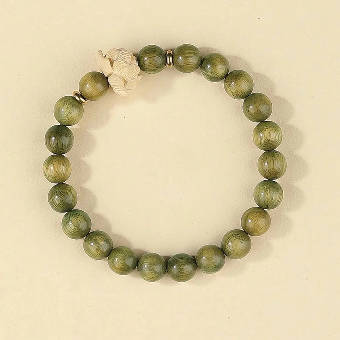 Vòng Tay Gỗ Đàn Hương Xanh Tự Nhiên Mix Charm Hoa Sen 8mm | Vòng Phong Thủy An Yên May | Kim Tụ Bảo