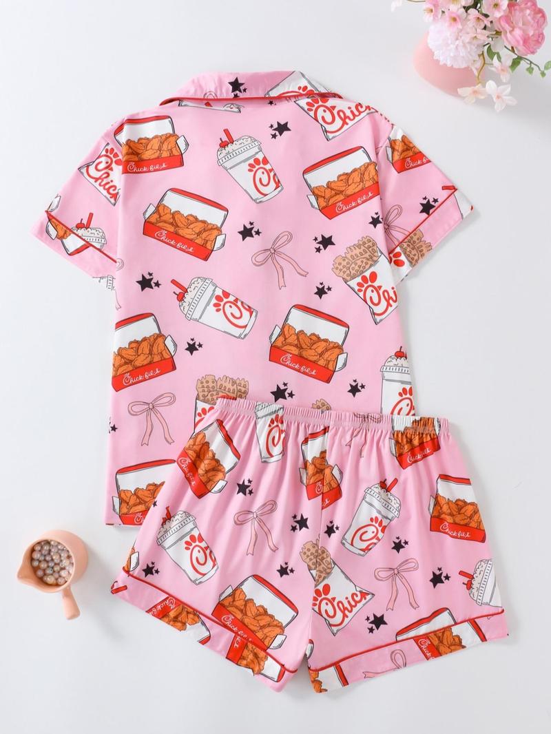 Product Introduction of Women's Fried Chicken Print Shirt & Shorts Pyjama Two-piece Set, Casual Comfy Short Sleeve Collared Top & Shorts Pj Set, Ladies Sleepwear for All Seasons, Pyjamas for Women 7