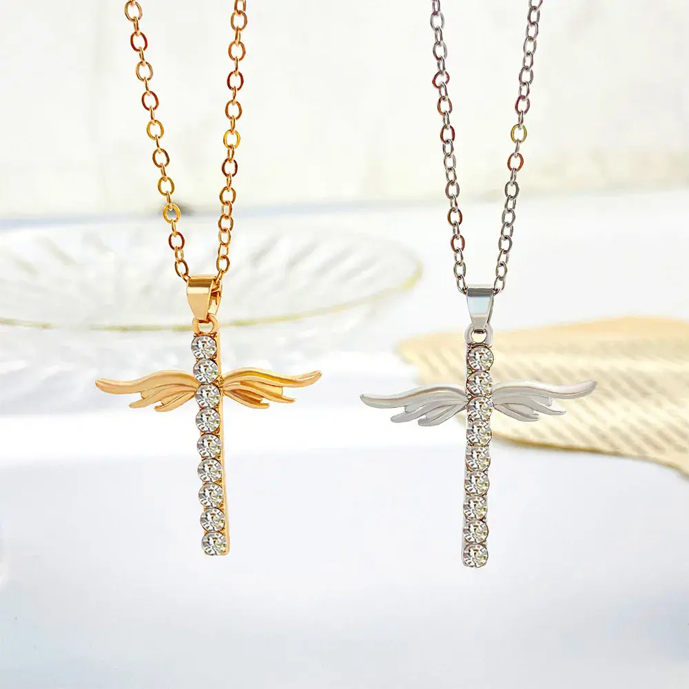 Angel Wings Pendant Simple Cross Micro-inlaid Zircon Ladies Necklace Jewelry On Stock