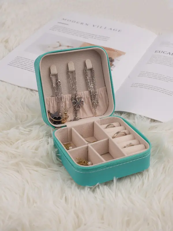 Portable Vacation Essentials Jewelry Storage Box with Zipper, Summer 2025 Square Multi-grid Travel Makeup Organizer, Women's Jewelry Bag 7