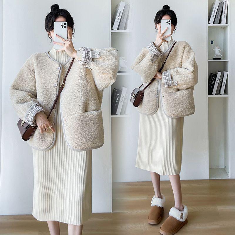 Bộ Đồ Bà Bầu Mùa Thu Và Mùa Đông, Phong Cách Hàn Quốc Mới, Áo Khoác Lông Cừu Cực Dày + Váy Dệt Kim Nửa Cao Cổ, Bộ Đồ Hai Mảnh Thời Trang Cho Mẹ Váy Bầu Đầm Bầu