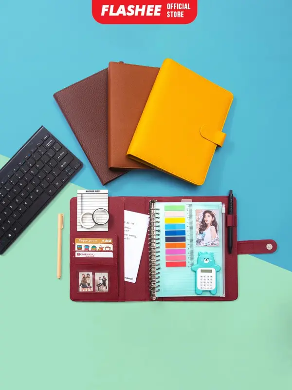 Flashee Binder Kulit Polos Eksklusif A5 20 Ring Buku Agenda Levi A5 Organizer Kulit Sintetis Cover Paper Stationery Multifungsi 2
