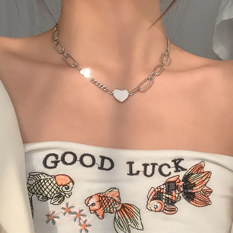 S925 Silver Heavy Industry Personalized Glossy Heart Necklace Female Clavicle Chain Retro Minority Thick Chain Necklace Tide