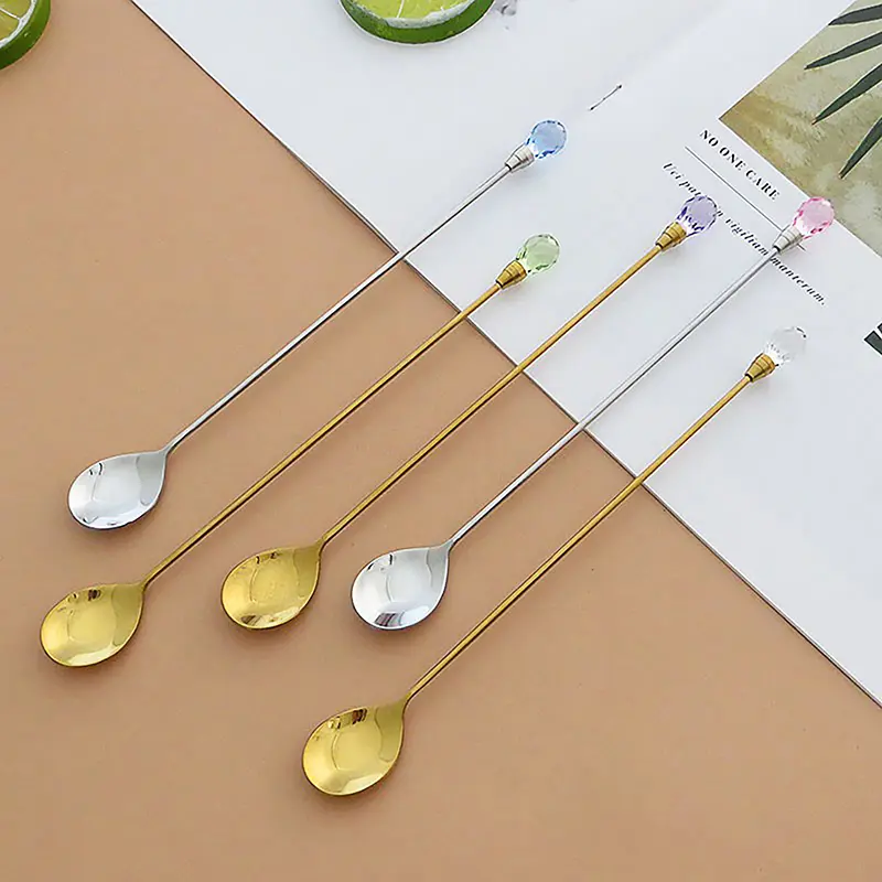 Muỗng Cà Phê Kim Cương Pha Lê, Muỗng Đá Bằng Thép Không Gỉ, Muỗng Khuấy Dài, Muỗng Cà Phê, Kem, Món Tráng Miệng, Cốc Cocktail, Dụng Cụ Nhà Bếp 0