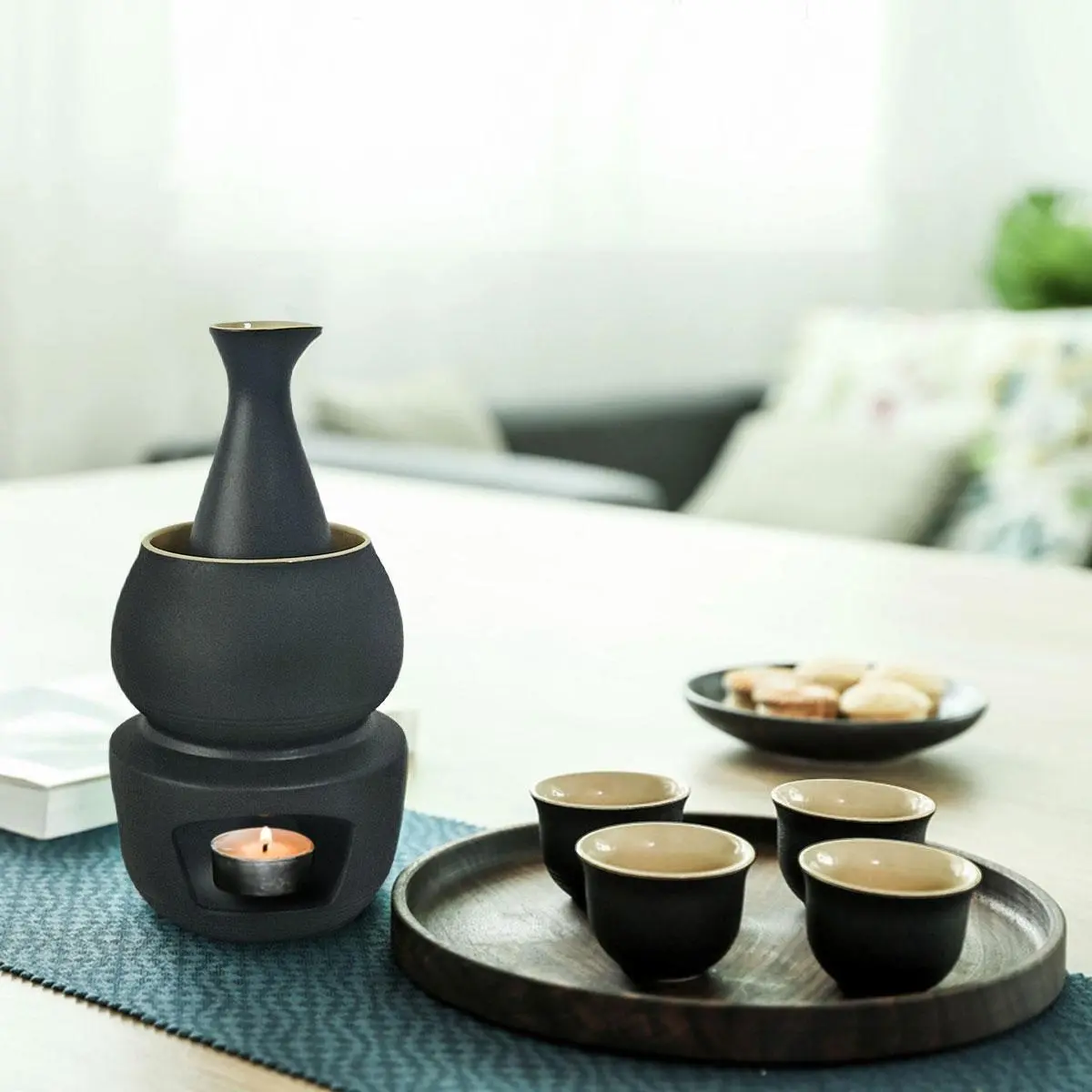 Ceramic Wine Warmer, 1 Set Including Flagon & Sake Warmer & Pedestal & Ceramic Sake Cups, Japanese Style Wine Set, Bar Utensils for Home Restaurant