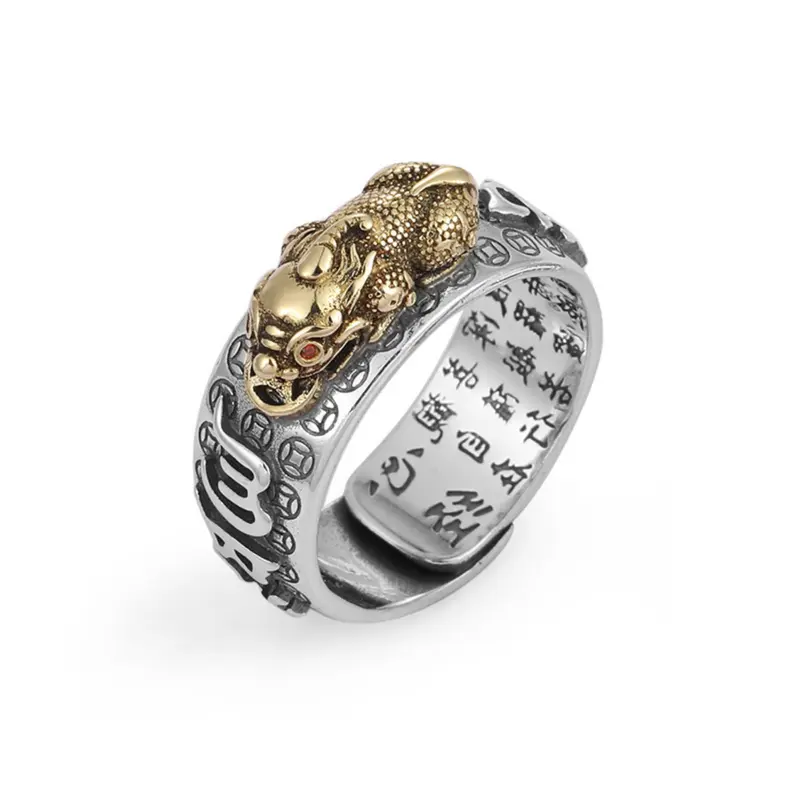 Nhẫn Ruby Tỳ Hưu, Bạc Cổ Điển Dành Cho Nam, Thiết Kế Xuyên Thấu Trái Tim, Được Chuyển Đồng Tiền Xu Đồng, Nhẫn Mở, Phong Cách Sinh Tồn, Độc Đoán, Nhẫn Nam 2