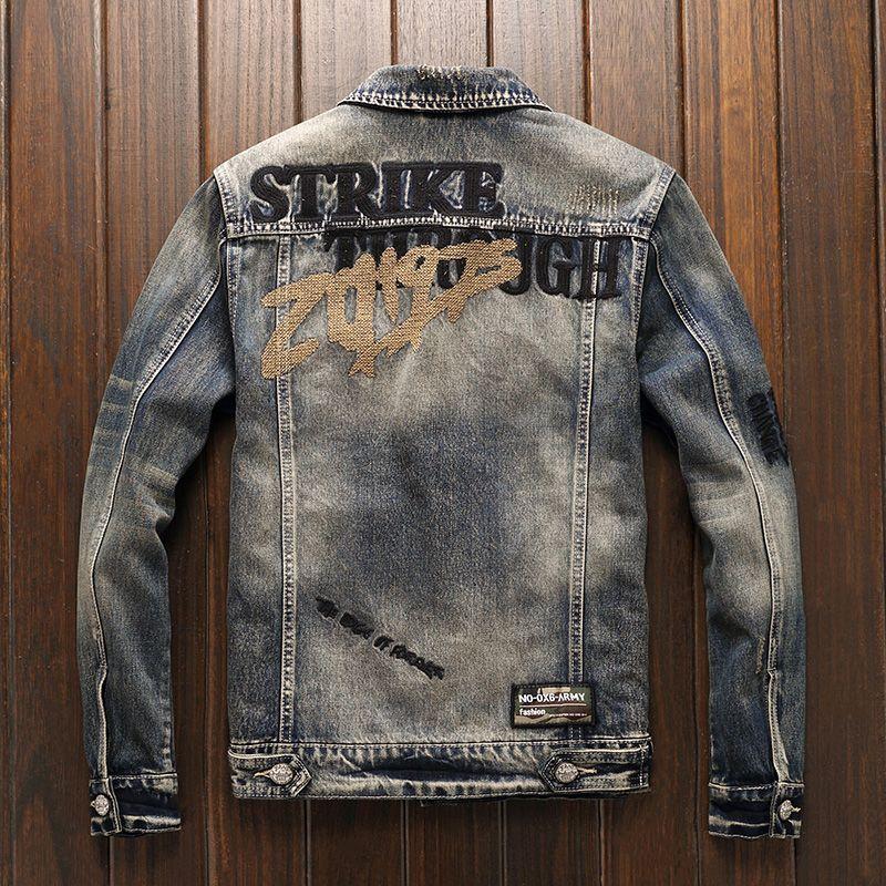 Áo khoác denim thêu mới dành cho nam giới, áo khoác cổ điển đã giặt sạch, ôm vừa vặn, mát mẻ, cổ áo polo, Xanh Biển tối màu, áo mùa xuân