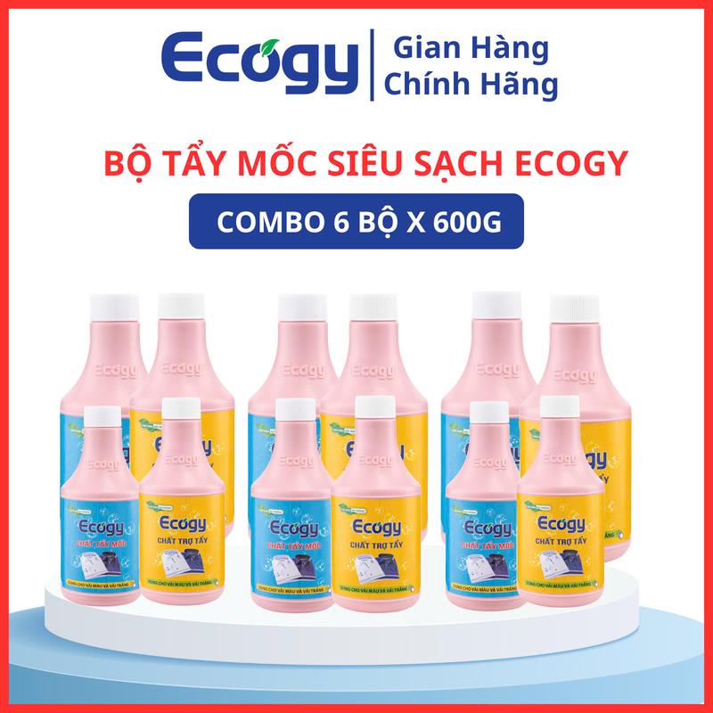 ECOGY ; COMBO 6 BỘ TẨY MỐC SIÊU SẠCH; Hỗ trợ làm sạch mốc thâm kim vết két mồ hôi vết dầu mỡ từ đồ ăn vết đồ uống trên quần áo màu và trắng; Không mùi dạng nước trọng lượng 6 bộ x 600g