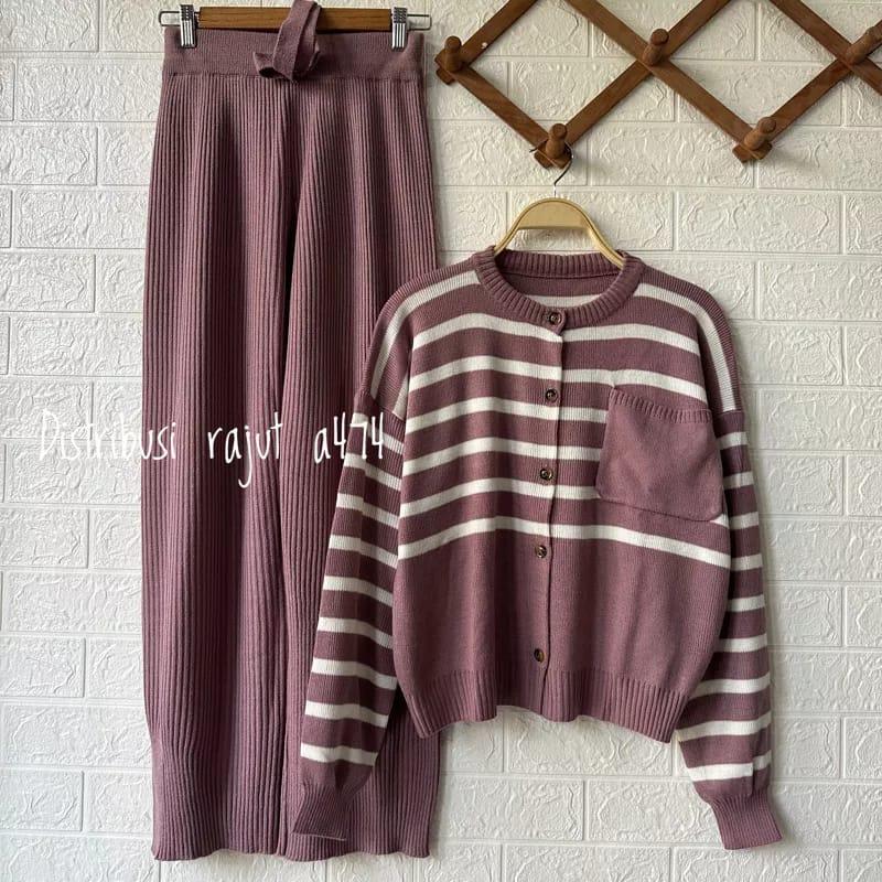 ONESET CARDY RAJUT BANA SAKU SETELAN CELANA KULOT RAJUT WANITA Baju Tangan 1