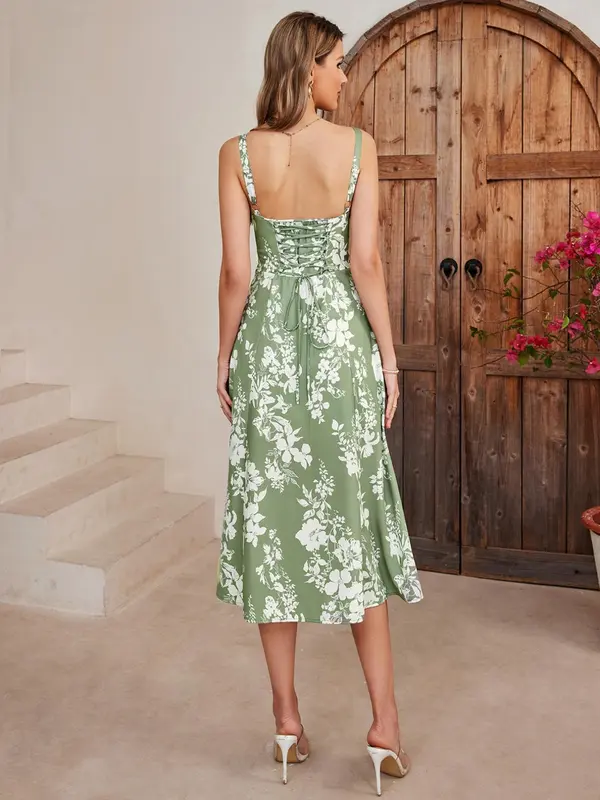 Parthea Off Shoulder Floral Print Boning Tie Front Back Crisscross Tie Up Splite Waist Milkmaid Skirt，Fashionable Summer Outfits for Parties and Vacations, Cami Dress 1