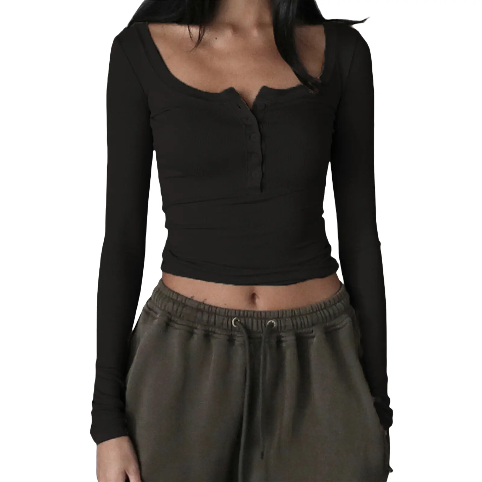 Women Knitted Henley Shirt Casual Solid Color Retro 1/2 Button Long Sleeve Crop Tops Streetwear Clubwear
