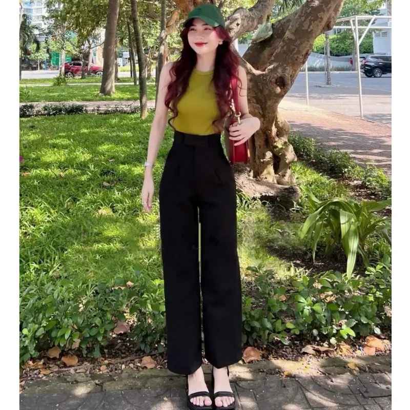 ￼Quần ống suông rộng lưng cao 1 khuy có 2 túi bên màu Đen,Quần  nữ ống rộng đi học làm công sở vải dày mềm Ong Women Pants 3