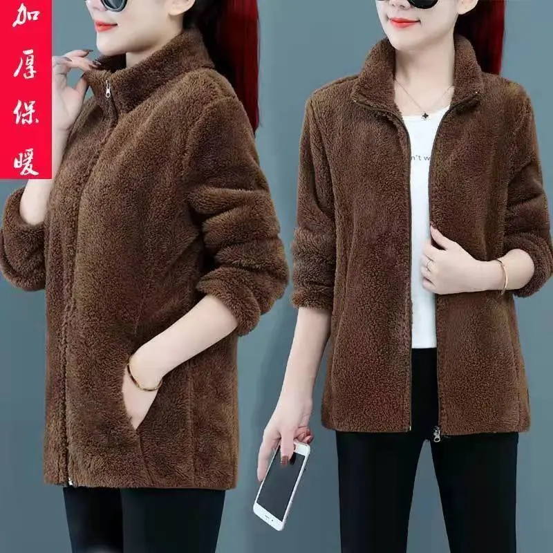 Áo Khoác Lông Cừu Cực, Hai Mặt, Dành Cho Nữ, Ngắn, Ngoại Cỡ, Lông Cừu San Hô, Mùa Đông, Dày Dặn, Áo Lông Cừu Giữ Nhiệt, Áo Len Nữ, 2024 Women Top 0
