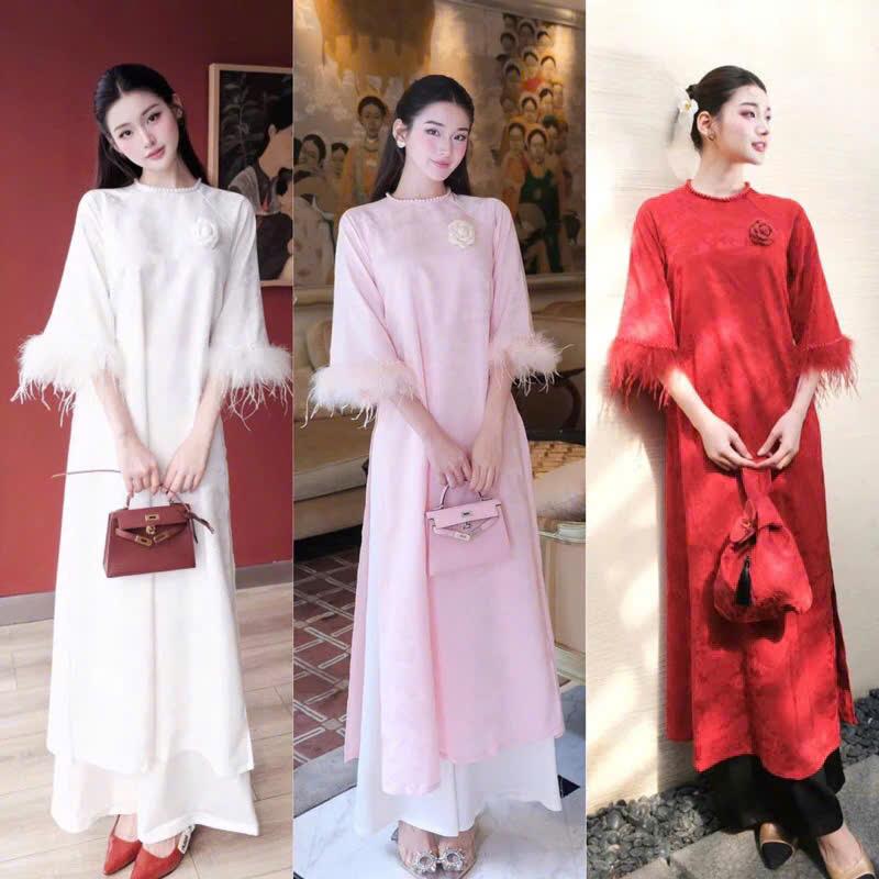 KÈM TAG HOA - Áo Dài Cách Tân Chu Linh Gấm Lụa Hoa Viên Cao Cấp Kèm Tang Hoa Áo Dài Nữ Tay Phối Lông Vũ Phù Hợp Mặc Lễ Tết Chụp Ảnh