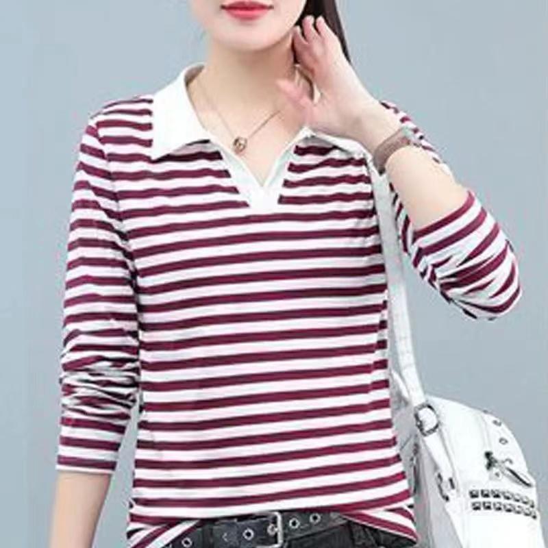 Product Introduction of Youthful Turn-down Collar T-shirt Striped Slim Fit Women Spring Autumn 2024 New Age-reducing Polo Collar Long Sleeve T-shirt 2