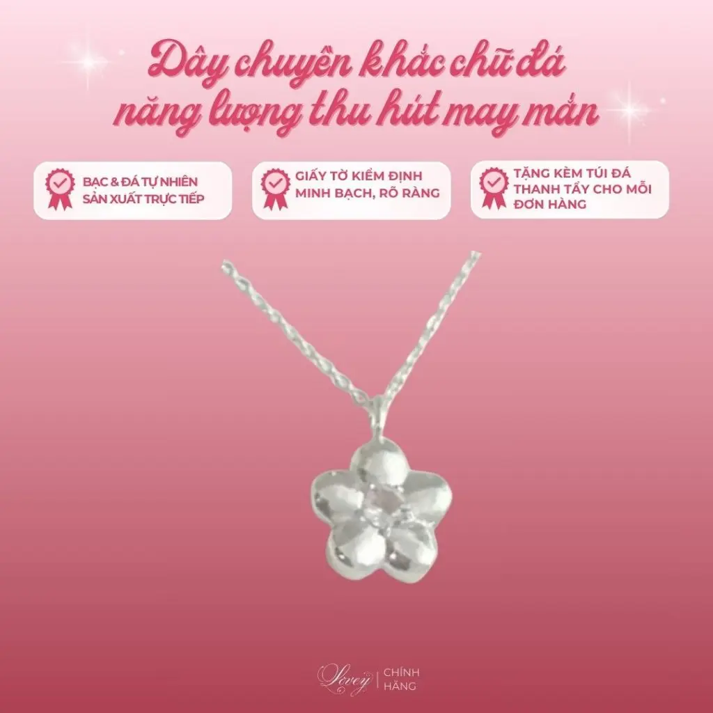Dây chuyền LOVEY Khắc Chữ đá Thạch Anh Hồng Bạc 925 Cao Cấp