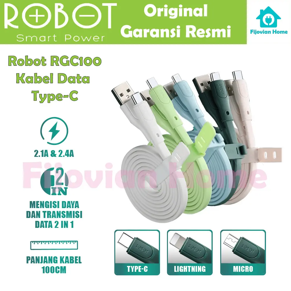 Kabel Data Robot RGC100 Type-C 2.4 A 100cm Colorful - Kabel Charger Elastis Tahan Lama Bergaransi Murah Anti Kusut