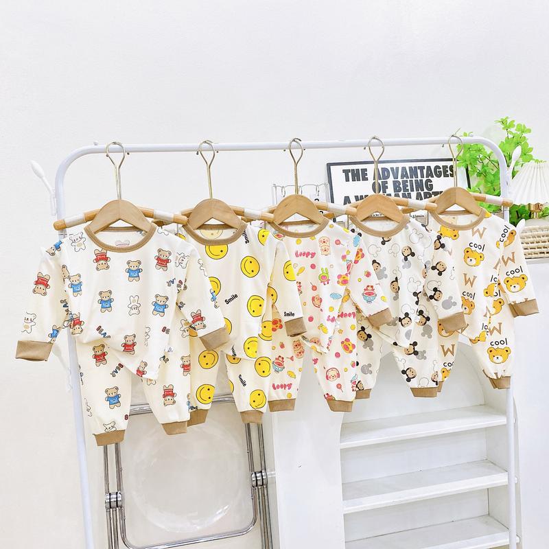 Bộ quần áo dài tay thu đông, chất liệu tăm lạnh, Nền Trắng In Kín họa tiết động vật cho bé trai, bé gái size 6-16kg - P61