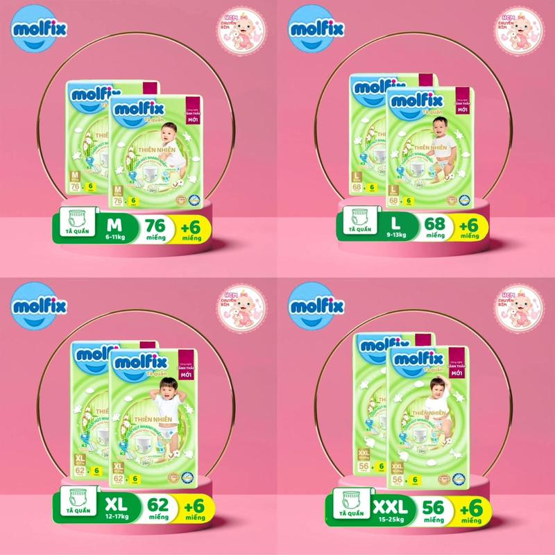 Combo 2 Bịch Tã Quần Molfix Cực Đại Size M76+6/L68+6/XL62+6/XXL56+6 Trẻ mới tập đi Cho Bé