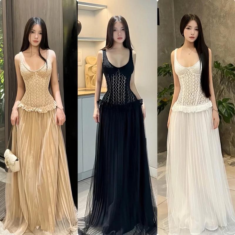  Đầm maxi ren hoa phối tùng lưới có lót trong dáng áo ba lỗ đen kem trắng mảnh Mixiz House Nữ Dress Women - MX03 