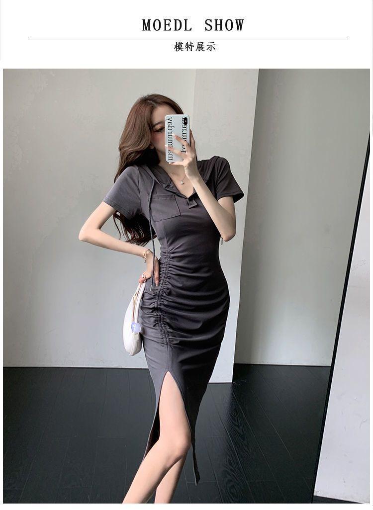 Product Introduction of Casual new style fashionable split mid length hooded skirt with women's summer temperament, waist cinched short sleeved drawstring dress 4
