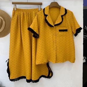 Cloud Cotton Short Sleeve Cropped Pants with Lace Patch Wide Legs