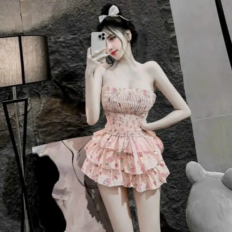 SET123 Set Áo Ống Nhún Chỉ Họa Tiết Chân Váy Tầng Nữ Women 8