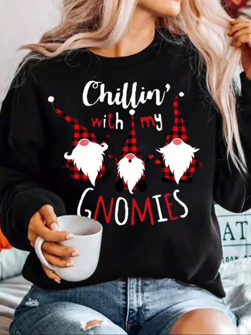 Product Introduction of 【Plus Size】 Christmas Gnome Print Drop Shoulder Sweatshirt, Casual Long Sleeve Round Neck Pullover for Daily Wear, Women's Clothing for Fall & Winter 1