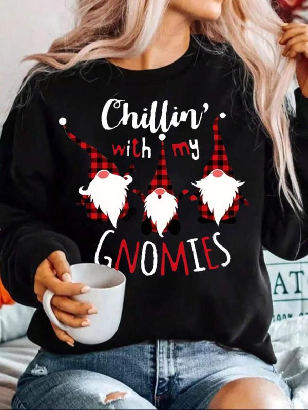 【Plus Size】 Christmas Gnome Print Drop Shoulder Sweatshirt, Casual Long Sleeve Round Neck Pullover for Daily Wear, Women's Clothing for Fall & Winter 0