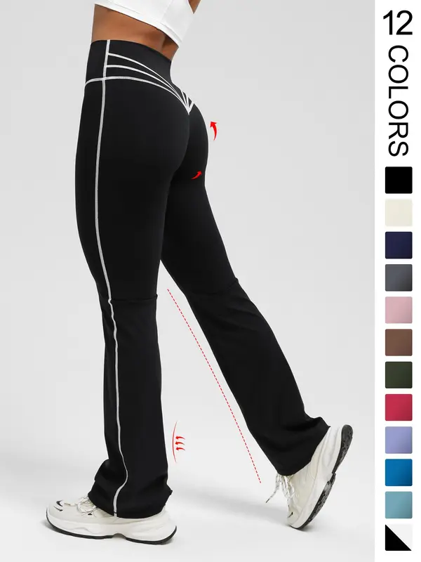 Women's Basic Plain High Waist Slim Flare Leg Yoga Pants, Solid Bell Bottom Sports Trousers for Workout Gym Fitness, Women's Joggers 8