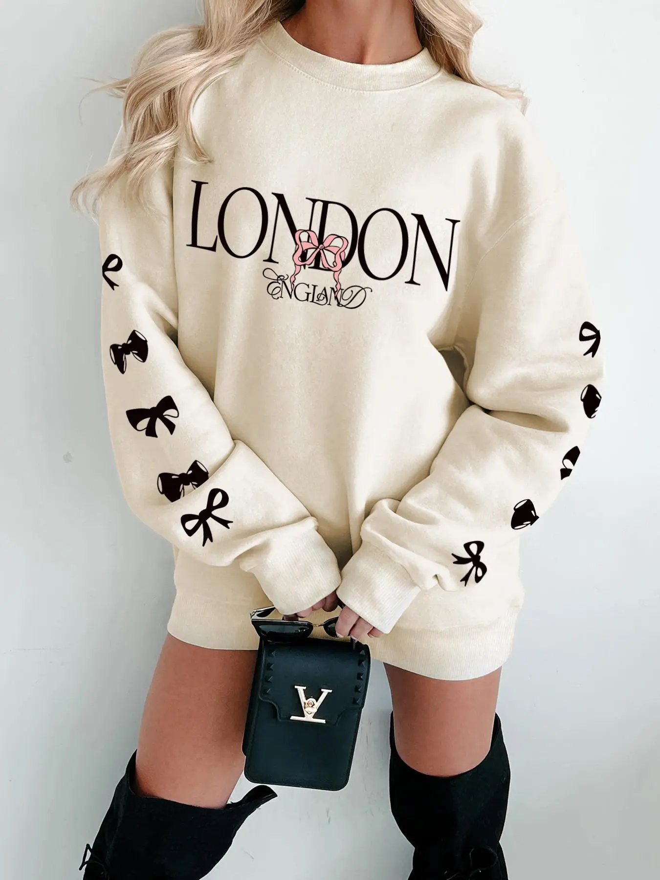 Women's Bow Print Drop Shoulder Thermal Lined Sweatshirt, Casual Long Sleeve Round Neck Pullover for Fall & Winter, Ladies Clothes for Daily Wear
