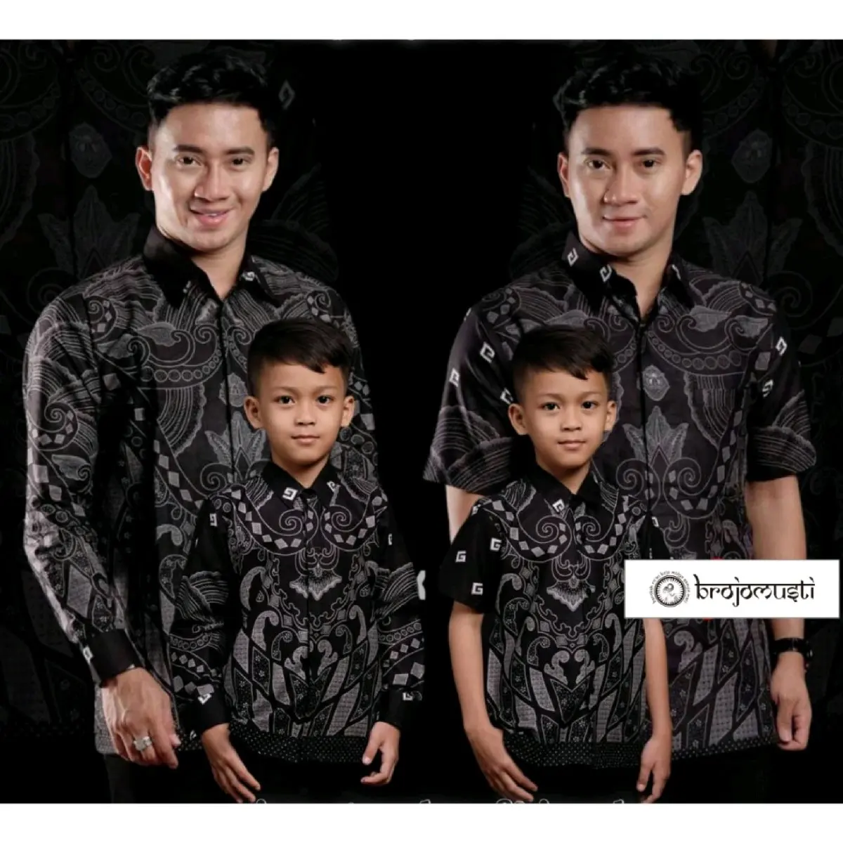 Couple Batik Kemeja Batik Pria Ayah dan Anak Laki-laki Lengan Panjang Usia 2-12tahun Kain Katun Hitam Putih Dewasa Keluarga Baju Pendek Motif