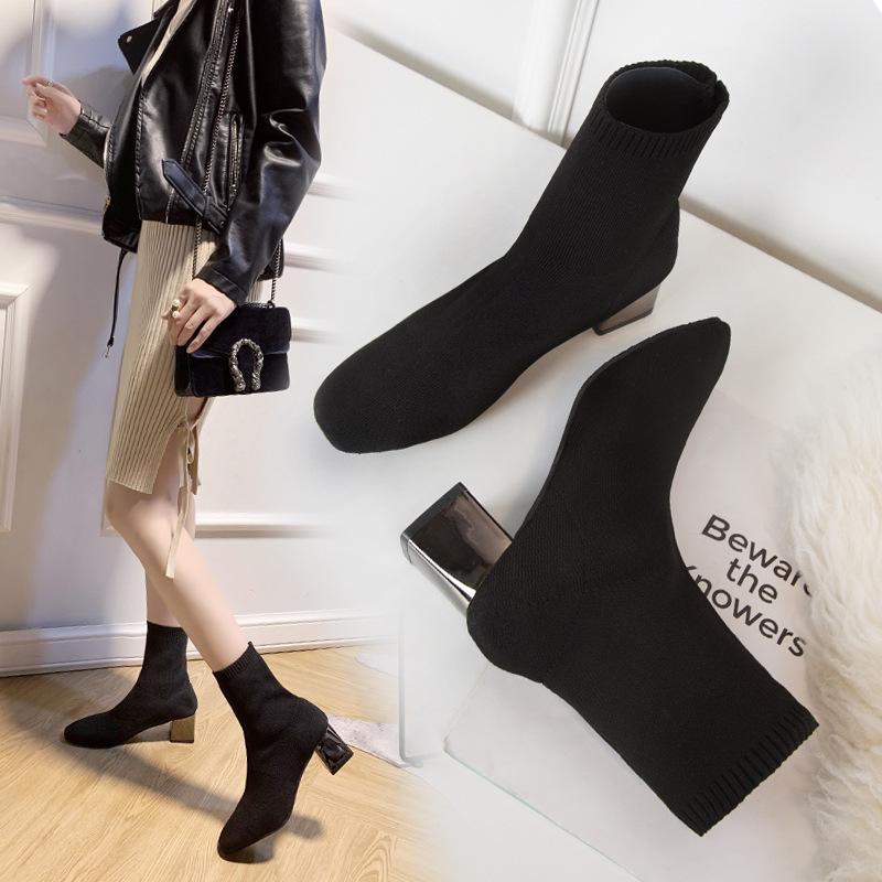 Women's Boots 2023 Autumn and Winter Women's Shoes All-Match Elastic Booties Women's Chunky Heel Pointed Net Hongfei Woven Boots Women's Wholesale 2
